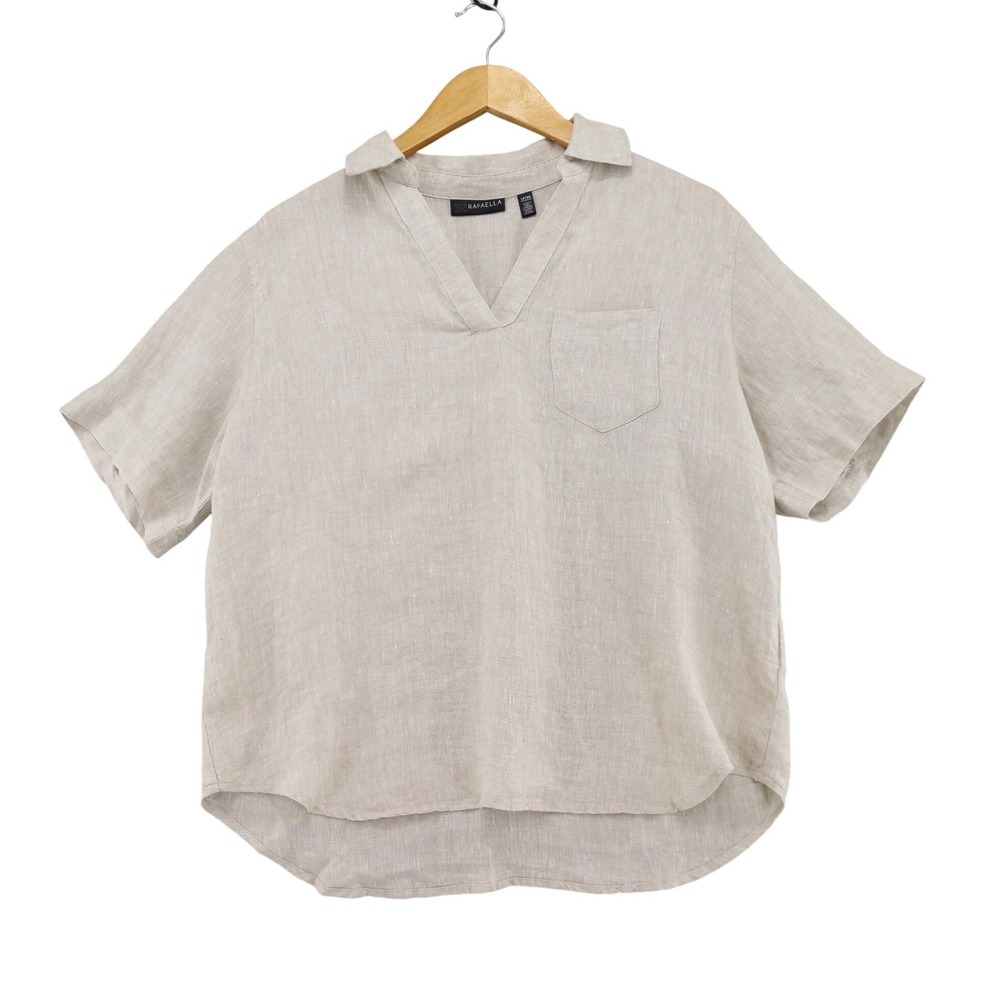 Rafaella Blouse Women Large Petite Beige‎ 100% Linen V-Neck Short Sleeve Pocket